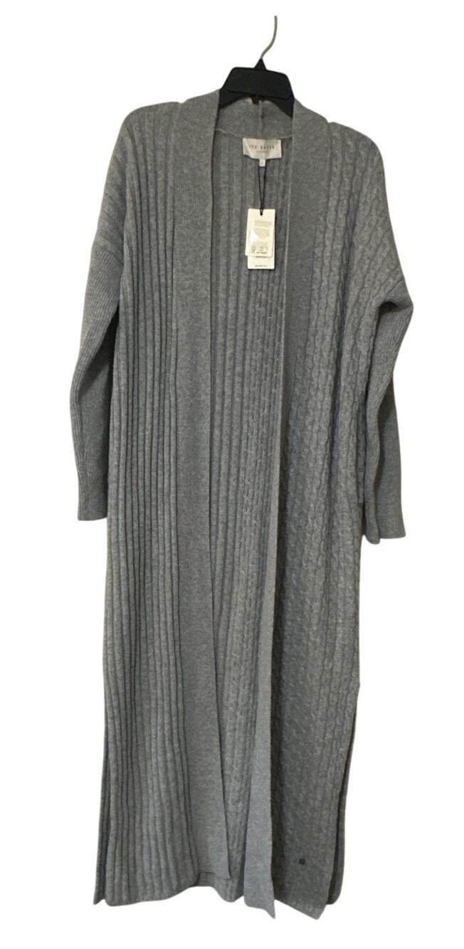 Ted Baker Womens Grey-marl Preet Cable And Rib-knit Maxi Cardigan Size Large